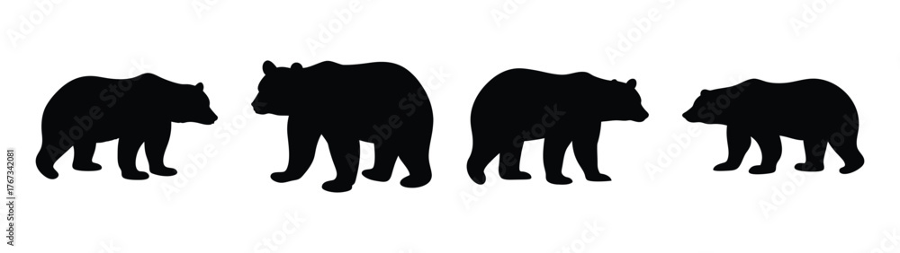 Fototapeta premium Four silhouettes of black bears in various poses against a white backdrop