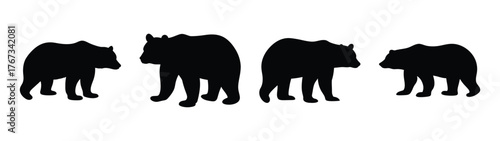 Four silhouettes of black bears in various poses against a white backdrop