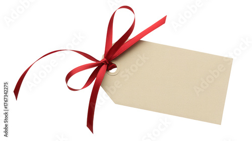 A blank beige gift tag tied with a red satin ribbon bow isolated on transparent background