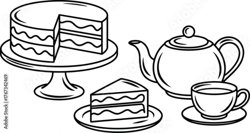 Tea time line drawing, layered cake with slice, teapot and teacup illustration, dessert plate vector, elegant afternoon tea outline design
