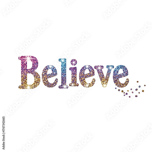 Inspire with the glittering word Believe in vibrant purple, gold, and blue hues, perfect for motivational projects and adding a touch of sparkle to any design
