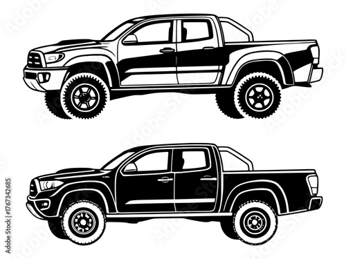 Series of black silhouette pickup trucks in simplified, schematic design. Uniform layout, stark white background, clean lines emphasizing distinct truck models. Ideal for design reference or infograph