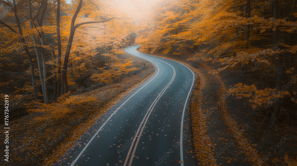 Naklejka premium Winding Road Through Vibrant Autumn Forest with Colorful Foliage and Warm Sunlight