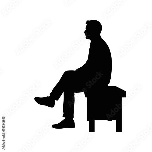 Man sitting on a stool silhouette isolated on white background