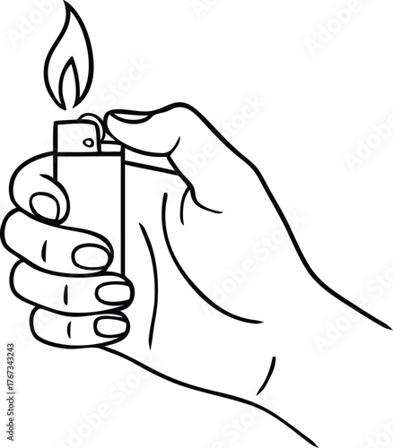 Hand lighting a flame with a lighter — minimal line drawing