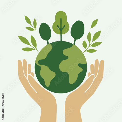 Two Hands gently holding planet earth with green trees and leaves 