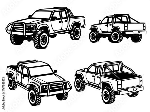 Technical-style illustration of six pickup trucks rendered as black silhouettes on white. Each vehicle shown in a different orientation — front, rear, side, and angled views — focusing purely on form 