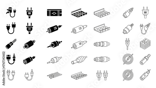 Collection of electrical plugs, cables, and connectors for various devices