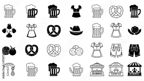 Oktoberfest icons and symbols related to German beer, food, and culture