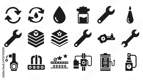 A comprehensive set of solid glyph icons for industrial manufacturing and mechanical repair