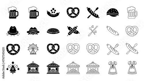 A comprehensive collection of traditional German festival icons, featuring classic food, drink, and cultural symbols, perfect for celebrating autumn events