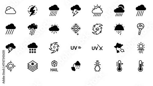 Collection of weather icons including sun, clouds, rain, lightning, and snow