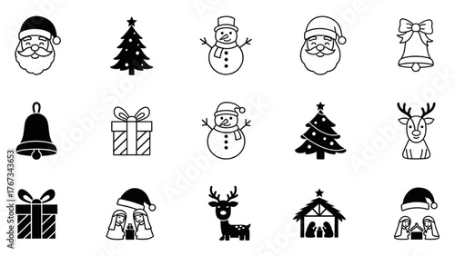Christmas Holiday Icons Set with Santa, Tree, Snowman and Gifts