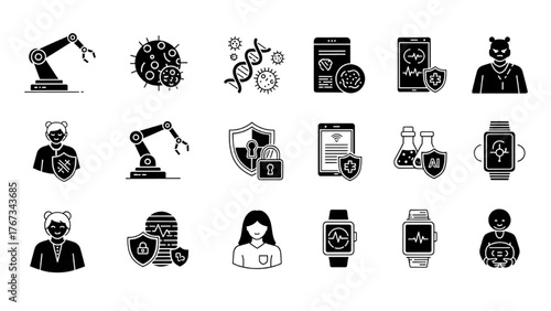 Healthcare and Technological Advancements A Set of Black Icons