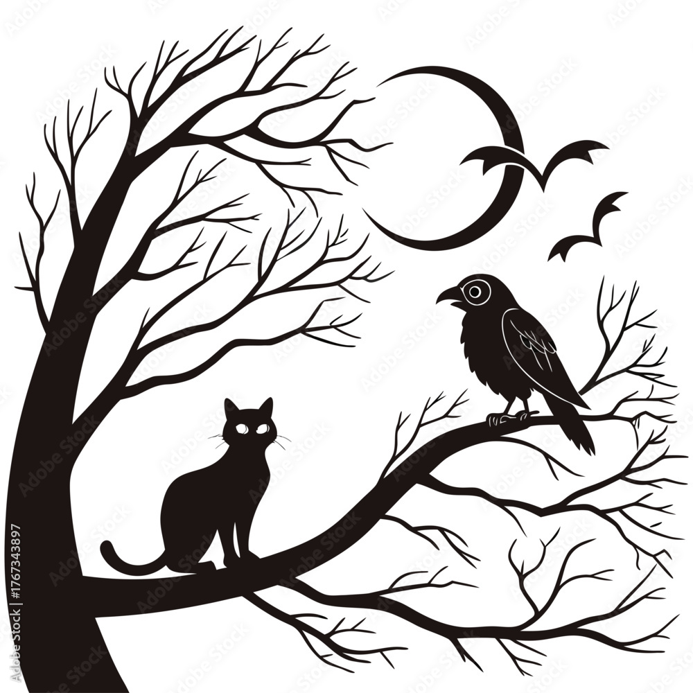 Fototapeta premium Silhouette of a black cat and a crow perched on bare tree branches against a crescent moon and flying birds