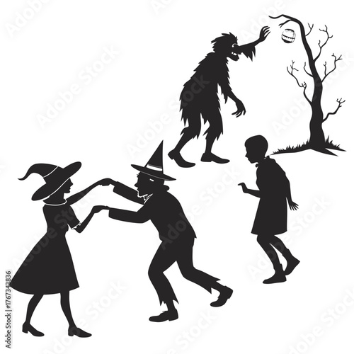 Spooky halloween silhouettes of witches dancing a monster reaching for a pumpkin and a child watching