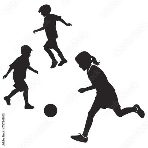 Three diverse children silhouettes actively playing soccer together on a white background enjoying outdoor sports and teamwork
