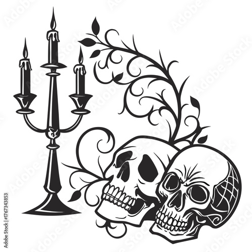 Two detailed black and white skulls with a candelabra and decorative floral vines on a white background
