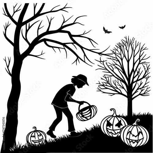 Silhouette of a child in a hat collecting carved pumpkins in a basket on a grassy hill with bare trees and bats flying