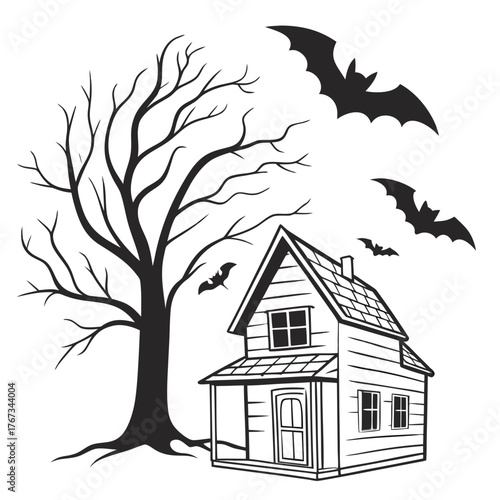 Spooky silhouette of a bare tree and haunted house with bats flying in the night sky