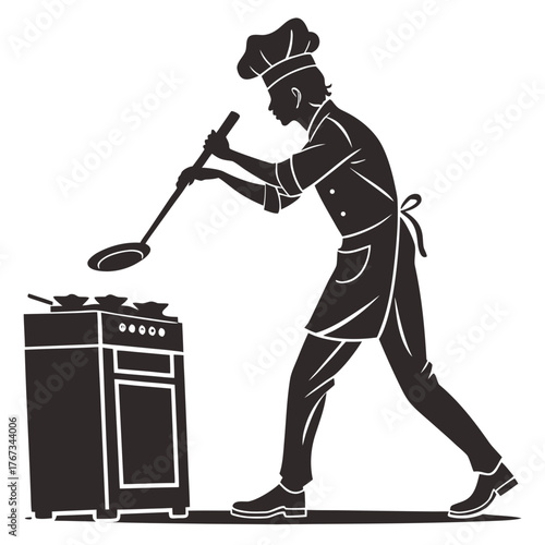 Silhouette of a chef in uniform cooking food on a stove with a spatula in a stylized illustration