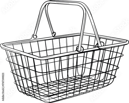 Wire shopping basket line drawing, detailed black and white illustration, retail container sketch, empty metal grid design, consumer product reference, store accessory