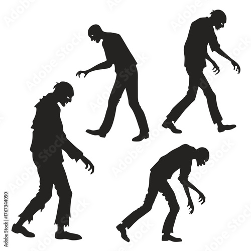 Four silhouette figures of zombies walking and lurking with tattered clothing and reaching hands on a white background