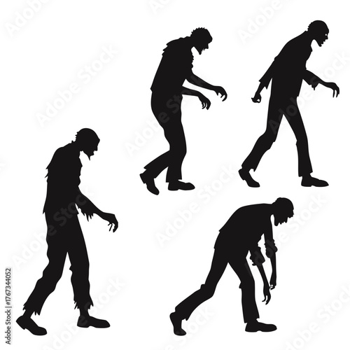 Silhouette of four distinct zombie figures in various poses of shambling movement against a stark white background