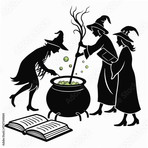 Three witches in silhouette wearing pointed hats stirring a bubbling cauldron with a spell book open nearby
