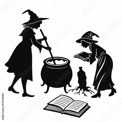 Two witches in silhouette wearing pointed hats one stirring a cauldron and the other reading a spellbook by a mystical tree stump