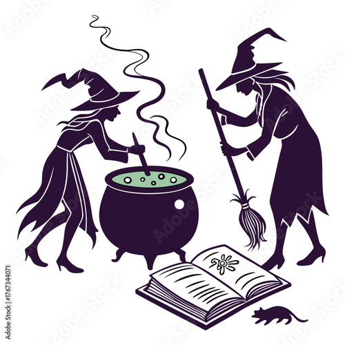 Two witches in silhouette stir a bubbling cauldron and hold a broom near an open spell book and a small cat