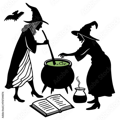 Two witches silhouettes stirring a cauldron with a spell book and a bat flying above