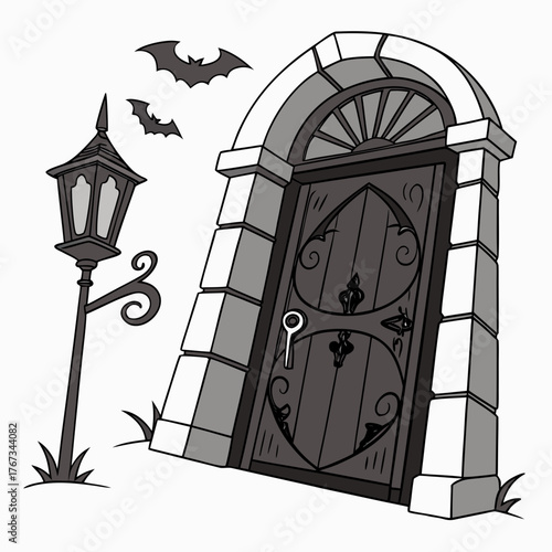 A spooky arched doorway with a vintage lamppost and flying bats on a white background