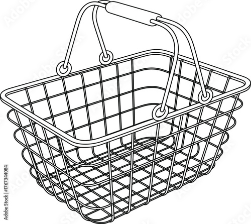 Wire shopping basket line drawing, detailed black and white illustration, empty retail container sketch, metal grid design, consumer product reference, store accessory