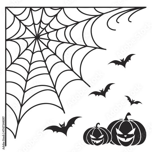 Halloween corner design featuring a spooky spider web flying bats and carved jack o lanterns with scary faces