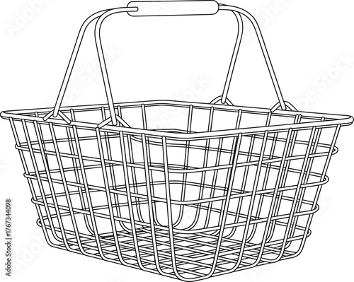 Wire shopping basket line drawing, detailed black and white illustration, retail container sketch, empty metal grid design,