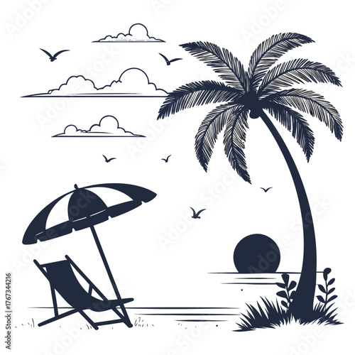 Monochrome illustration of a serene beach scene, featuring a palm tree, beach chair, umbrella, clouds, birds, and a setting sun over the ocean