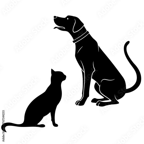 A sleek black silhouette of a dog and cat stand in profile, their contrasting forms creating a striking visual, the animals are alert and attentive