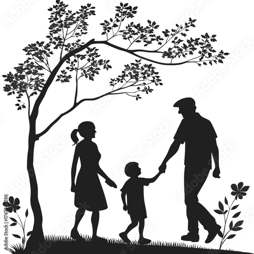 Silhouette of a family walking under a tree, the parents are holding hands with their child, creating a heartwarming scene, vector illustration