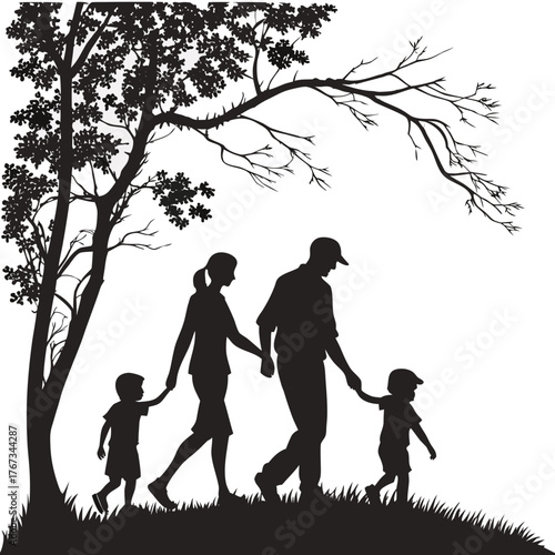 Silhouette of a family walking under a tree, the parents are holding hands with their children, creating a heartwarming scene, vector illustration