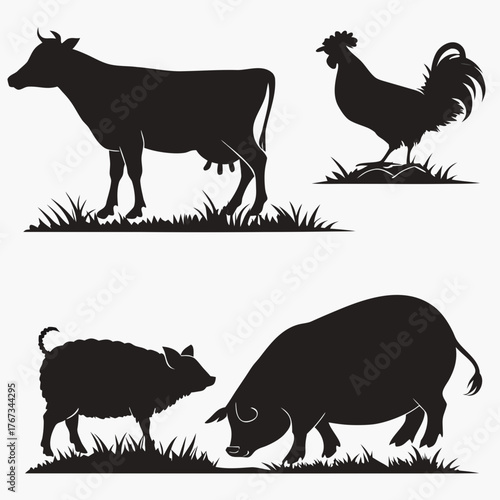 Silhouette of farm animals including a cow, rooster, pig, and sheep, depicts rural life, agriculture, and animal husbandry in a simple design