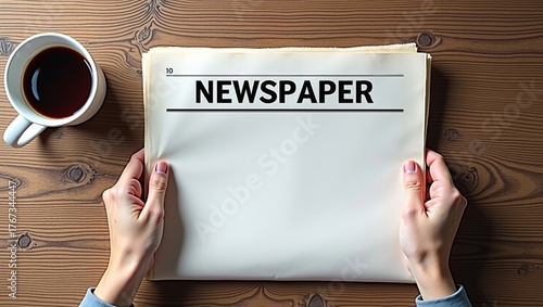 Blank newspaper mockup held by woman's hands on a wooden table with coffee, a template for headlines and news.