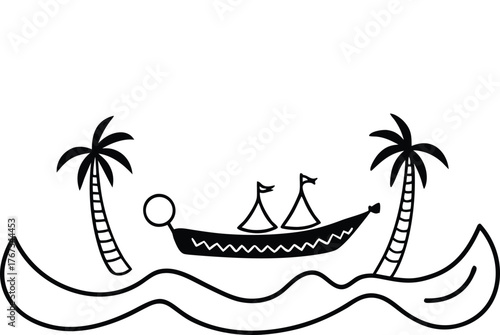 Traditional indian boat sailing on wavy ocean between palm trees with om am am am banner above