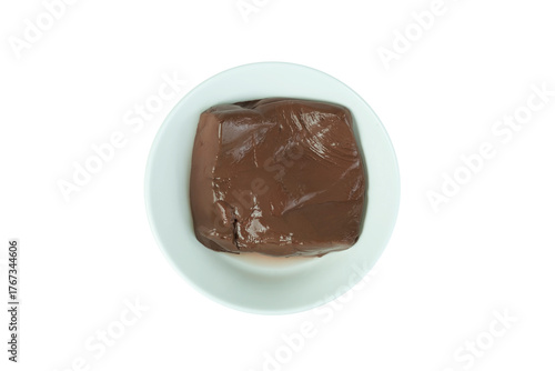 Pork Blood Pudding or Congealed Pork Blood or Pig Blood Curd  in white bowl isolated on white background with clipping path top view flat lay