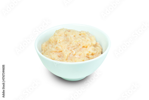 bowl of minced meat, Fresh minced chicken in white bowl isolated on white background with clipping path close up