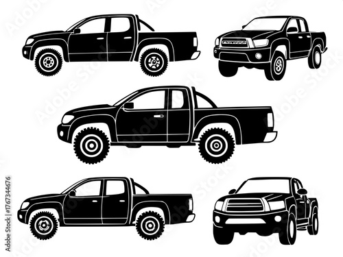A clean, graphic collection of pickup truck outlines in pure black, arranged evenly in a grid layout. Each truck features a distinct body shape, viewed from multiple angles. Flat vector style, no shad