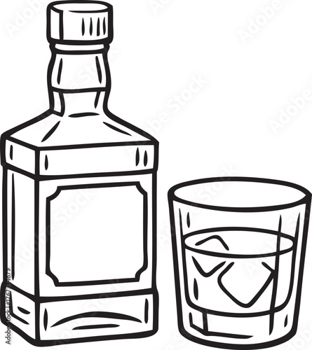 Whiskey bottle and glass with ice cubes — minimalist line art