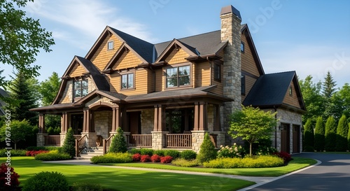 Elegant modern craftsman home exterior bathed in bright daylight, showcasing intricate architectural details, a pristine green lawn, and a welcoming front porch