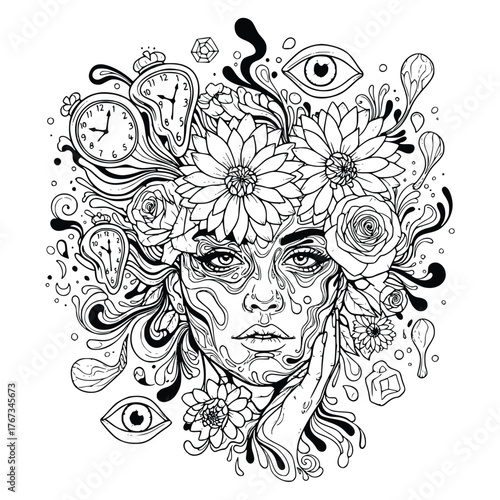 Vector art of surreal woman portrait with flowers, clocks, and eyes, coloring page for adults