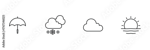 Umbrella, snow cloud, simple cloud, sunrise symbol icon collection, weather outline vector illustration, climate minimal line art set.